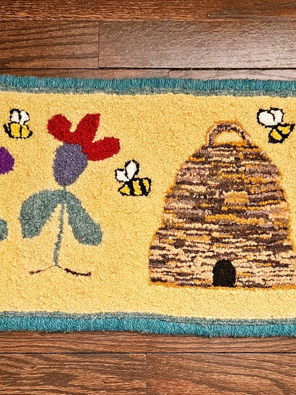 Yellow Beehive Hooked Door Mat Or Table Runner with Floral & Bee Motif